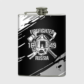 Фляга с принтом FIREFIGHTER 1649 RUSSIA в Новосибирске, металлический корпус | емкость 0,22 л, размер 125 х 94 мм. Виниловая наклейка запечатывается полностью | Тематика изображения на принте: 112 | 27 декабря | firefighter | багор | белая | герб | гкчс | знак | лого | логотип | маска | мчс | мчсник | пожарная охрана | пожарник | пожарный | пч | россии | рф | серая | символ | служба | состаренная