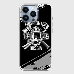 Чехол для iPhone 13 Pro с принтом FIREFIGHTER 1649 RUSSIA в Новосибирске,  |  | Тематика изображения на принте: 112 | 27 декабря | firefighter | багор | белая | герб | гкчс | знак | лого | логотип | маска | мчс | мчсник | пожарная охрана | пожарник | пожарный | пч | россии | рф | серая | символ | служба | состаренная