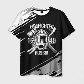 Мужская футболка 3D с принтом FIREFIGHTER 1649 RUSSIA в Новосибирске, 100% полиэфир | прямой крой, круглый вырез горловины, длина до линии бедер | Тематика изображения на принте: 112 | 27 декабря | firefighter | багор | белая | герб | гкчс | знак | лого | логотип | маска | мчс | мчсник | пожарная охрана | пожарник | пожарный | пч | россии | рф | серая | символ | служба | состаренная