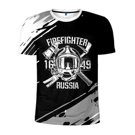 Мужская футболка 3D спортивная с принтом FIREFIGHTER 1649 RUSSIA в Новосибирске, 100% полиэстер с улучшенными характеристиками | приталенный силуэт, круглая горловина, широкие плечи, сужается к линии бедра | Тематика изображения на принте: 112 | 27 декабря | firefighter | багор | белая | герб | гкчс | знак | лого | логотип | маска | мчс | мчсник | пожарная охрана | пожарник | пожарный | пч | россии | рф | серая | символ | служба | состаренная