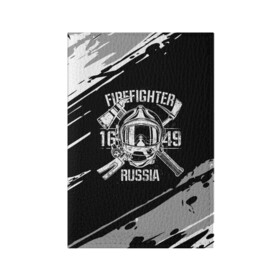 Обложка для паспорта матовая кожа с принтом FIREFIGHTER 1649 RUSSIA в Новосибирске, натуральная матовая кожа | размер 19,3 х 13,7 см; прозрачные пластиковые крепления | 112 | 27 декабря | firefighter | багор | белая | герб | гкчс | знак | лого | логотип | маска | мчс | мчсник | пожарная охрана | пожарник | пожарный | пч | россии | рф | серая | символ | служба | состаренная