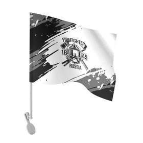Флаг для автомобиля с принтом FIREFIGHTER 1649 RUSSIA в Новосибирске, 100% полиэстер | Размер: 30*21 см | Тематика изображения на принте: 112 | 27 декабря | firefighter | багор | белая | герб | гкчс | знак | лого | логотип | маска | мчс | мчсник | пожарная охрана | пожарник | пожарный | пч | россии | рф | серая | символ | служба | состаренная