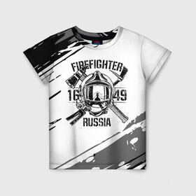 Детская футболка 3D с принтом FIREFIGHTER 1649 RUSSIA в Новосибирске, 100% гипоаллергенный полиэфир | прямой крой, круглый вырез горловины, длина до линии бедер, чуть спущенное плечо, ткань немного тянется | 112 | 27 декабря | firefighter | багор | белая | герб | гкчс | знак | лого | логотип | маска | мчс | мчсник | пожарная охрана | пожарник | пожарный | пч | россии | рф | серая | символ | служба | состаренная