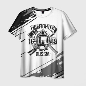 Мужская футболка 3D с принтом FIREFIGHTER 1649 RUSSIA в Новосибирске, 100% полиэфир | прямой крой, круглый вырез горловины, длина до линии бедер | Тематика изображения на принте: 112 | 27 декабря | firefighter | багор | белая | герб | гкчс | знак | лого | логотип | маска | мчс | мчсник | пожарная охрана | пожарник | пожарный | пч | россии | рф | серая | символ | служба | состаренная