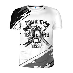 Мужская футболка 3D спортивная с принтом FIREFIGHTER 1649 RUSSIA в Новосибирске, 100% полиэстер с улучшенными характеристиками | приталенный силуэт, круглая горловина, широкие плечи, сужается к линии бедра | 112 | 27 декабря | firefighter | багор | белая | герб | гкчс | знак | лого | логотип | маска | мчс | мчсник | пожарная охрана | пожарник | пожарный | пч | россии | рф | серая | символ | служба | состаренная
