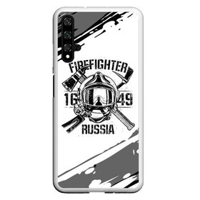 Чехол для Honor 20 с принтом FIREFIGHTER 1649 RUSSIA в Новосибирске, Силикон | Область печати: задняя сторона чехла, без боковых панелей | Тематика изображения на принте: 112 | 27 декабря | firefighter | багор | белая | герб | гкчс | знак | лого | логотип | маска | мчс | мчсник | пожарная охрана | пожарник | пожарный | пч | россии | рф | серая | символ | служба | состаренная