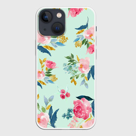 Чехол для iPhone 13 mini с принтом Цветы в Новосибирске,  |  | 2020 | summer | желтый | зеленый | летний принт | лето | розовые цветы | розовый | цветочки | цветы