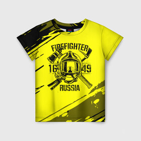 Детская футболка 3D с принтом FIREFIGHTER 1649 RUSSIA в Новосибирске, 100% гипоаллергенный полиэфир | прямой крой, круглый вырез горловины, длина до линии бедер, чуть спущенное плечо, ткань немного тянется | Тематика изображения на принте: 112 | firefighter | багор | герб | гкчс | желтая | знак | лого | логотип | мчс | мчсник | пожарная охрана | пожарник | пожарный | пч | россии | рф | серая | символ | служба | спасатель | спасения | топор | флаг