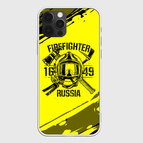 Чехол для iPhone 12 Pro с принтом FIREFIGHTER 1649 RUSSIA в Новосибирске, силикон | область печати: задняя сторона чехла, без боковых панелей | 112 | firefighter | багор | герб | гкчс | желтая | знак | лого | логотип | мчс | мчсник | пожарная охрана | пожарник | пожарный | пч | россии | рф | серая | символ | служба | спасатель | спасения | топор | флаг