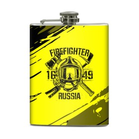 Фляга с принтом FIREFIGHTER 1649 RUSSIA в Новосибирске, металлический корпус | емкость 0,22 л, размер 125 х 94 мм. Виниловая наклейка запечатывается полностью | Тематика изображения на принте: 112 | firefighter | багор | герб | гкчс | желтая | знак | лого | логотип | мчс | мчсник | пожарная охрана | пожарник | пожарный | пч | россии | рф | серая | символ | служба | спасатель | спасения | топор | флаг