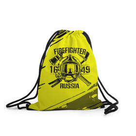 Рюкзак-мешок 3D с принтом FIREFIGHTER 1649 RUSSIA в Новосибирске, 100% полиэстер | плотность ткани — 200 г/м2, размер — 35 х 45 см; лямки — толстые шнурки, застежка на шнуровке, без карманов и подкладки | Тематика изображения на принте: 112 | firefighter | багор | герб | гкчс | желтая | знак | лого | логотип | мчс | мчсник | пожарная охрана | пожарник | пожарный | пч | россии | рф | серая | символ | служба | спасатель | спасения | топор | флаг