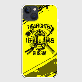 Чехол для iPhone 13 с принтом FIREFIGHTER 1649 RUSSIA в Новосибирске,  |  | 112 | firefighter | багор | герб | гкчс | желтая | знак | лого | логотип | мчс | мчсник | пожарная охрана | пожарник | пожарный | пч | россии | рф | серая | символ | служба | спасатель | спасения | топор | флаг