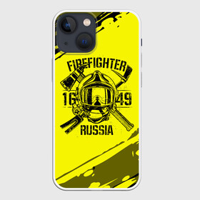 Чехол для iPhone 13 mini с принтом FIREFIGHTER 1649 RUSSIA в Новосибирске,  |  | Тематика изображения на принте: 112 | firefighter | багор | герб | гкчс | желтая | знак | лого | логотип | мчс | мчсник | пожарная охрана | пожарник | пожарный | пч | россии | рф | серая | символ | служба | спасатель | спасения | топор | флаг