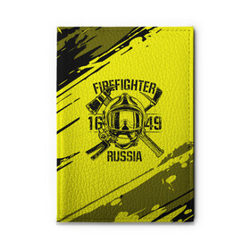 Обложка для автодокументов с принтом FIREFIGHTER 1649 RUSSIA в Новосибирске, натуральная кожа |  размер 19,9*13 см; внутри 4 больших “конверта” для документов и один маленький отдел — туда идеально встанут права | Тематика изображения на принте: 112 | firefighter | багор | герб | гкчс | желтая | знак | лого | логотип | мчс | мчсник | пожарная охрана | пожарник | пожарный | пч | россии | рф | серая | символ | служба | спасатель | спасения | топор | флаг
