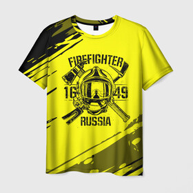 Мужская футболка 3D с принтом FIREFIGHTER 1649 RUSSIA в Новосибирске, 100% полиэфир | прямой крой, круглый вырез горловины, длина до линии бедер | 112 | firefighter | багор | герб | гкчс | желтая | знак | лого | логотип | мчс | мчсник | пожарная охрана | пожарник | пожарный | пч | россии | рф | серая | символ | служба | спасатель | спасения | топор | флаг