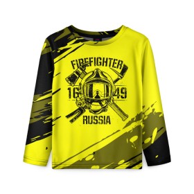 Детский лонгслив 3D с принтом FIREFIGHTER 1649 RUSSIA в Новосибирске, 100% полиэстер | длинные рукава, круглый вырез горловины, полуприлегающий силуэт
 | 112 | firefighter | багор | герб | гкчс | желтая | знак | лого | логотип | мчс | мчсник | пожарная охрана | пожарник | пожарный | пч | россии | рф | серая | символ | служба | спасатель | спасения | топор | флаг