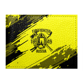 Обложка для студенческого билета с принтом FIREFIGHTER 1649 RUSSIA в Новосибирске, натуральная кожа | Размер: 11*8 см; Печать на всей внешней стороне | Тематика изображения на принте: 112 | firefighter | багор | герб | гкчс | желтая | знак | лого | логотип | мчс | мчсник | пожарная охрана | пожарник | пожарный | пч | россии | рф | серая | символ | служба | спасатель | спасения | топор | флаг