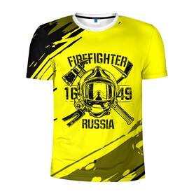 Мужская футболка 3D спортивная с принтом FIREFIGHTER 1649 RUSSIA в Новосибирске, 100% полиэстер с улучшенными характеристиками | приталенный силуэт, круглая горловина, широкие плечи, сужается к линии бедра | Тематика изображения на принте: 112 | firefighter | багор | герб | гкчс | желтая | знак | лого | логотип | мчс | мчсник | пожарная охрана | пожарник | пожарный | пч | россии | рф | серая | символ | служба | спасатель | спасения | топор | флаг