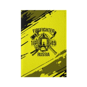 Обложка для паспорта матовая кожа с принтом FIREFIGHTER 1649 RUSSIA в Новосибирске, натуральная матовая кожа | размер 19,3 х 13,7 см; прозрачные пластиковые крепления | 112 | firefighter | багор | герб | гкчс | желтая | знак | лого | логотип | мчс | мчсник | пожарная охрана | пожарник | пожарный | пч | россии | рф | серая | символ | служба | спасатель | спасения | топор | флаг