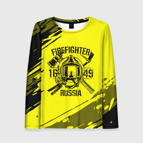 Женский лонгслив 3D с принтом FIREFIGHTER 1649 RUSSIA в Новосибирске, 100% полиэстер | длинные рукава, круглый вырез горловины, полуприлегающий силуэт | 112 | firefighter | багор | герб | гкчс | желтая | знак | лого | логотип | мчс | мчсник | пожарная охрана | пожарник | пожарный | пч | россии | рф | серая | символ | служба | спасатель | спасения | топор | флаг