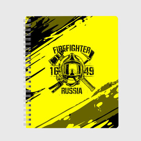 Тетрадь с принтом FIREFIGHTER 1649 RUSSIA в Новосибирске, 100% бумага | 48 листов, плотность листов — 60 г/м2, плотность картонной обложки — 250 г/м2. Листы скреплены сбоку удобной пружинной спиралью. Уголки страниц и обложки скругленные. Цвет линий — светло-серый
 | 112 | firefighter | багор | герб | гкчс | желтая | знак | лого | логотип | мчс | мчсник | пожарная охрана | пожарник | пожарный | пч | россии | рф | серая | символ | служба | спасатель | спасения | топор | флаг