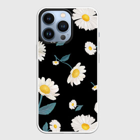 Чехол для iPhone 13 Pro с принтом Ромашки в Новосибирске,  |  | белый | для девушек | желтый | летний принт | листочки цветов | ромашка | ромашки | цветочки | цветы | черный фон
