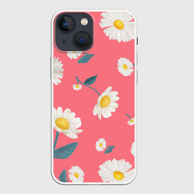 Чехол для iPhone 13 mini с принтом Ромашки в Новосибирске,  |  | белый | для девушек | желтый | летний принт | листочки цветов | розовый фон | ромашка | ромашки | цветочки | цветы