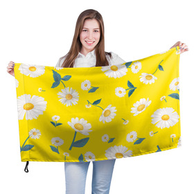 Флаг 3D с принтом Ромашки в Новосибирске, 100% полиэстер | плотность ткани — 95 г/м2, размер — 67 х 109 см. Принт наносится с одной стороны | белый | для девушек | желтый | желтый фон | летний принт | листочки цветов | ромашка | ромашки | цветочки | цветы