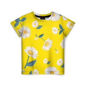 Детская футболка 3D с принтом Ромашки в Новосибирске, 100% гипоаллергенный полиэфир | прямой крой, круглый вырез горловины, длина до линии бедер, чуть спущенное плечо, ткань немного тянется | белый | для девушек | желтый | желтый фон | летний принт | листочки цветов | ромашка | ромашки | цветочки | цветы