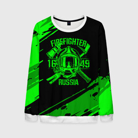 Мужской свитшот 3D с принтом FIREFIGHTER 1649 RUSSIA в Новосибирске, 100% полиэстер с мягким внутренним слоем | круглый вырез горловины, мягкая резинка на манжетах и поясе, свободная посадка по фигуре | Тематика изображения на принте: 112 | firefighter | багор | герб | гкчс | зеленая | знак | лого | логотип | мчс | мчсник | пожарная охрана | пожарник | пожарный | пч | россии | рф | серая | символ | служба | спасатель | спасения | топор | флаг