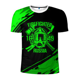 Мужская футболка 3D спортивная с принтом FIREFIGHTER 1649 RUSSIA в Новосибирске, 100% полиэстер с улучшенными характеристиками | приталенный силуэт, круглая горловина, широкие плечи, сужается к линии бедра | 112 | firefighter | багор | герб | гкчс | зеленая | знак | лого | логотип | мчс | мчсник | пожарная охрана | пожарник | пожарный | пч | россии | рф | серая | символ | служба | спасатель | спасения | топор | флаг
