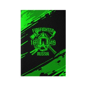 Обложка для паспорта матовая кожа с принтом FIREFIGHTER 1649 RUSSIA в Новосибирске, натуральная матовая кожа | размер 19,3 х 13,7 см; прозрачные пластиковые крепления | Тематика изображения на принте: 112 | firefighter | багор | герб | гкчс | зеленая | знак | лого | логотип | мчс | мчсник | пожарная охрана | пожарник | пожарный | пч | россии | рф | серая | символ | служба | спасатель | спасения | топор | флаг