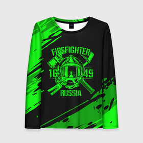 Женский лонгслив 3D с принтом FIREFIGHTER 1649 RUSSIA в Новосибирске, 100% полиэстер | длинные рукава, круглый вырез горловины, полуприлегающий силуэт | 112 | firefighter | багор | герб | гкчс | зеленая | знак | лого | логотип | мчс | мчсник | пожарная охрана | пожарник | пожарный | пч | россии | рф | серая | символ | служба | спасатель | спасения | топор | флаг