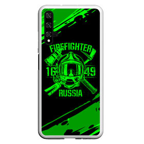 Чехол для Honor 20 с принтом FIREFIGHTER 1649 RUSSIA в Новосибирске, Силикон | Область печати: задняя сторона чехла, без боковых панелей | 112 | firefighter | багор | герб | гкчс | зеленая | знак | лого | логотип | мчс | мчсник | пожарная охрана | пожарник | пожарный | пч | россии | рф | серая | символ | служба | спасатель | спасения | топор | флаг