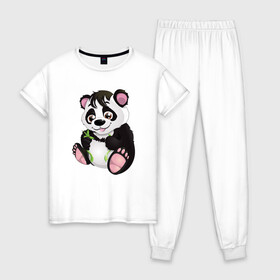 Женская пижама хлопок с принтом Панденыш Panda в Новосибирске, 100% хлопок | брюки и футболка прямого кроя, без карманов, на брюках мягкая резинка на поясе и по низу штанин | animal | animals | bear | bears | line | panda | pands | sky | беар | бир | детская | детское | животные | медведь | медвежонок | облака | облачки | панда | подарок | самолёт | самолетик