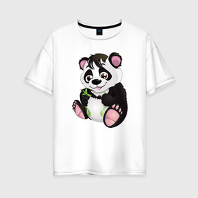 Женская футболка хлопок Oversize с принтом Панденыш Panda в Новосибирске, 100% хлопок | свободный крой, круглый ворот, спущенный рукав, длина до линии бедер
 | animal | animals | bear | bears | line | panda | pands | sky | беар | бир | детская | детское | животные | медведь | медвежонок | облака | облачки | панда | подарок | самолёт | самолетик
