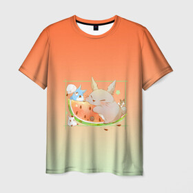 Мужская футболка 3D с принтом Семейство Тоторо ест арбуз  в Новосибирске, 100% полиэфир | прямой крой, круглый вырез горловины, длина до линии бедер | аниме | арбуз | арт | вкуснота | вкусняшка | гибли | кот | котобус | котя | красный | лето | миядзаки хаяо | мой сосед тоторо | персонаж | рамка | розовый | сочный | студия гибли | тоторо | фрукт | ягода