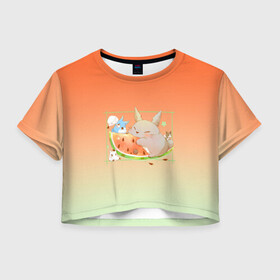 Женская футболка Crop-top 3D с принтом Семейство Тоторо ест арбуз  в Новосибирске, 100% полиэстер | круглая горловина, длина футболки до линии талии, рукава с отворотами | аниме | арбуз | арт | вкуснота | вкусняшка | гибли | кот | котобус | котя | красный | лето | миядзаки хаяо | мой сосед тоторо | персонаж | рамка | розовый | сочный | студия гибли | тоторо | фрукт | ягода