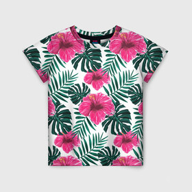 Детская футболка 3D с принтом Гавайский гибискус в Новосибирске, 100% гипоаллергенный полиэфир | прямой крой, круглый вырез горловины, длина до линии бедер, чуть спущенное плечо, ткань немного тянется | Тематика изображения на принте: flower | hawaii | hibiscus | palms | summer | sun | ботаника | гаваи | гавайи | гавайка | гавайская | гибискус | красочная | летняя | лето | листья | отдых | отпуск | пальма | пальмы | пляж | растения | символ