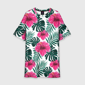 Детское платье 3D с принтом Гавайский гибискус в Новосибирске, 100% полиэстер | прямой силуэт, чуть расширенный к низу. Круглая горловина, на рукавах — воланы | Тематика изображения на принте: flower | hawaii | hibiscus | palms | summer | sun | ботаника | гаваи | гавайи | гавайка | гавайская | гибискус | красочная | летняя | лето | листья | отдых | отпуск | пальма | пальмы | пляж | растения | символ