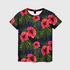 Женская футболка 3D с принтом Тропические цветы и листья в Новосибирске, 100% полиэфир ( синтетическое хлопкоподобное полотно) | прямой крой, круглый вырез горловины, длина до линии бедер | flower | flowers | palms | summer | sun | tropical | ботаника | гавайи hawaii | гавайка | гавайская | красочная | летняя | лето | листья | отдых | отпуск | пальма | пальмы | пляж | растения | символ | тропики | тропические
