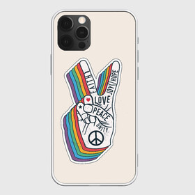 Чехол для iPhone 12 Pro с принтом PEACE and LOVE (Z) в Новосибирске, силикон | область печати: задняя сторона чехла, без боковых панелей | Тематика изображения на принте: hope | love | peace | два пальца | жесть | знак | любить | любовь | мир | радуга | хипи | хиппи