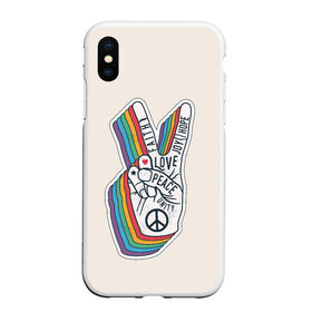 Чехол для iPhone XS Max матовый с принтом PEACE and LOVE (Z) в Новосибирске, Силикон | Область печати: задняя сторона чехла, без боковых панелей | Тематика изображения на принте: hope | love | peace | два пальца | жесть | знак | любить | любовь | мир | радуга | хипи | хиппи