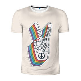 Мужская футболка 3D спортивная с принтом PEACE and LOVE (Z) в Новосибирске, 100% полиэстер с улучшенными характеристиками | приталенный силуэт, круглая горловина, широкие плечи, сужается к линии бедра | Тематика изображения на принте: hope | love | peace | два пальца | жесть | знак | любить | любовь | мир | радуга | хипи | хиппи
