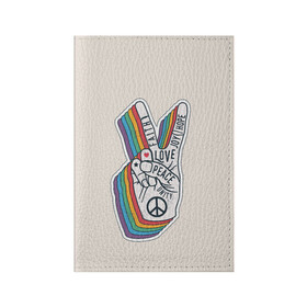 Обложка для паспорта матовая кожа с принтом PEACE and LOVE (Z) в Новосибирске, натуральная матовая кожа | размер 19,3 х 13,7 см; прозрачные пластиковые крепления | Тематика изображения на принте: hope | love | peace | два пальца | жесть | знак | любить | любовь | мир | радуга | хипи | хиппи