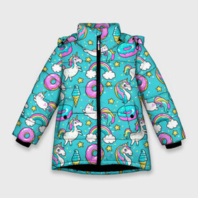 Зимняя куртка для девочек 3D с принтом Turquoise unicorn в Новосибирске, ткань верха — 100% полиэстер; подклад — 100% полиэстер, утеплитель — 100% полиэстер. | длина ниже бедра, удлиненная спинка, воротник стойка и отстегивающийся капюшон. Есть боковые карманы с листочкой на кнопках, утяжки по низу изделия и внутренний карман на молнии. 

Предусмотрены светоотражающий принт на спинке, радужный светоотражающий элемент на пуллере молнии и на резинке для утяжки. | cat | donuts | turquoise | unicorn | бирюзовый | единорог | котики | пончики