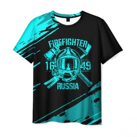 Мужская футболка 3D с принтом FIREFIGHTER 1649 RUSSIA в Новосибирске, 100% полиэфир | прямой крой, круглый вырез горловины, длина до линии бедер | Тематика изображения на принте: 112 | firefighter | багор | бирюзовая | герб | гкчс | голубая | знак | лого | логотип | мчс | мчсник | пожарная охрана | пожарник | пожарный | пч | россии | рф | серая | символ | синяя | служба | спасатель