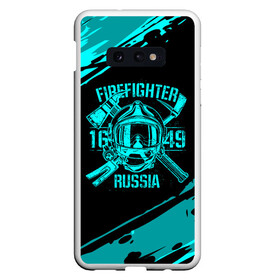 Чехол для Samsung S10E с принтом FIREFIGHTER 1649 RUSSIA в Новосибирске, Силикон | Область печати: задняя сторона чехла, без боковых панелей | Тематика изображения на принте: 112 | firefighter | багор | бирюзовая | герб | гкчс | голубая | знак | лого | логотип | мчс | мчсник | пожарная охрана | пожарник | пожарный | пч | россии | рф | серая | символ | синяя | служба | спасатель
