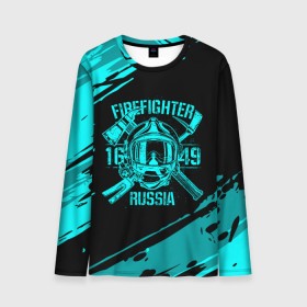 Мужской лонгслив 3D с принтом FIREFIGHTER 1649 RUSSIA в Новосибирске, 100% полиэстер | длинные рукава, круглый вырез горловины, полуприлегающий силуэт | Тематика изображения на принте: 112 | firefighter | багор | бирюзовая | герб | гкчс | голубая | знак | лого | логотип | мчс | мчсник | пожарная охрана | пожарник | пожарный | пч | россии | рф | серая | символ | синяя | служба | спасатель