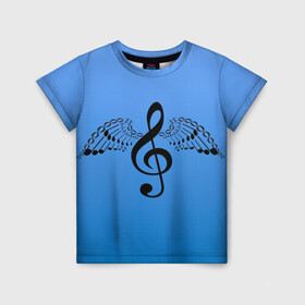 Детская футболка 3D с принтом Скрипичный ключ и крылья ноты в Новосибирске, 100% гипоаллергенный полиэфир | прямой крой, круглый вырез горловины, длина до линии бедер, чуть спущенное плечо, ткань немного тянется | Тематика изображения на принте: арт | звук | крыло | крылья | музыка | музыкант | ноты | символ | скрипичный ключ | фортепиано